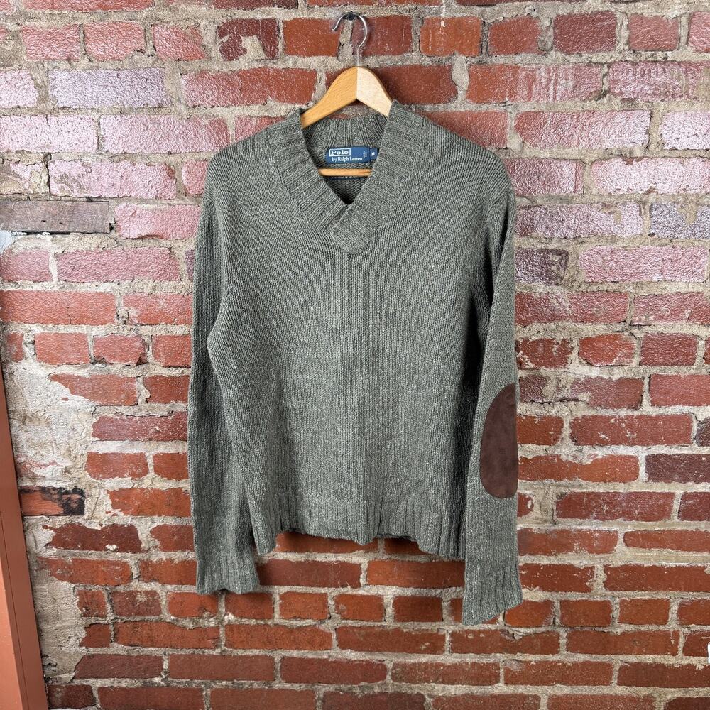 Polo by Ralph Lauren Olive Green V-Neck Sweater with Brown Elbow Patches